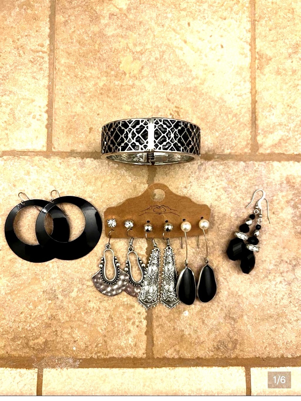 Black and Silver Filigree Cuff Bracelet and Fashion Earrings - Women Jewelry